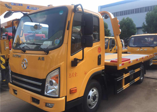 藍牌國六大運新奧普力黃色一拖二平板清障車