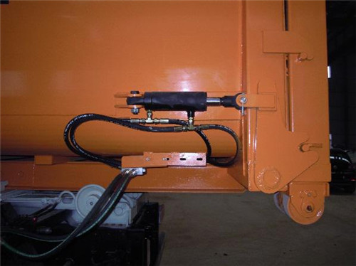 液壓鎖緊機構 在垃圾站內，先插接勾臂車與壓縮箱后門的液壓快速 接頭；到達傾倒地時，再通過駕駛室內控制按鈕開啟 后門鎖緊機構傾卸垃圾。然后通過駕駛室內控制按鈕 鎖緊機構壓緊后門